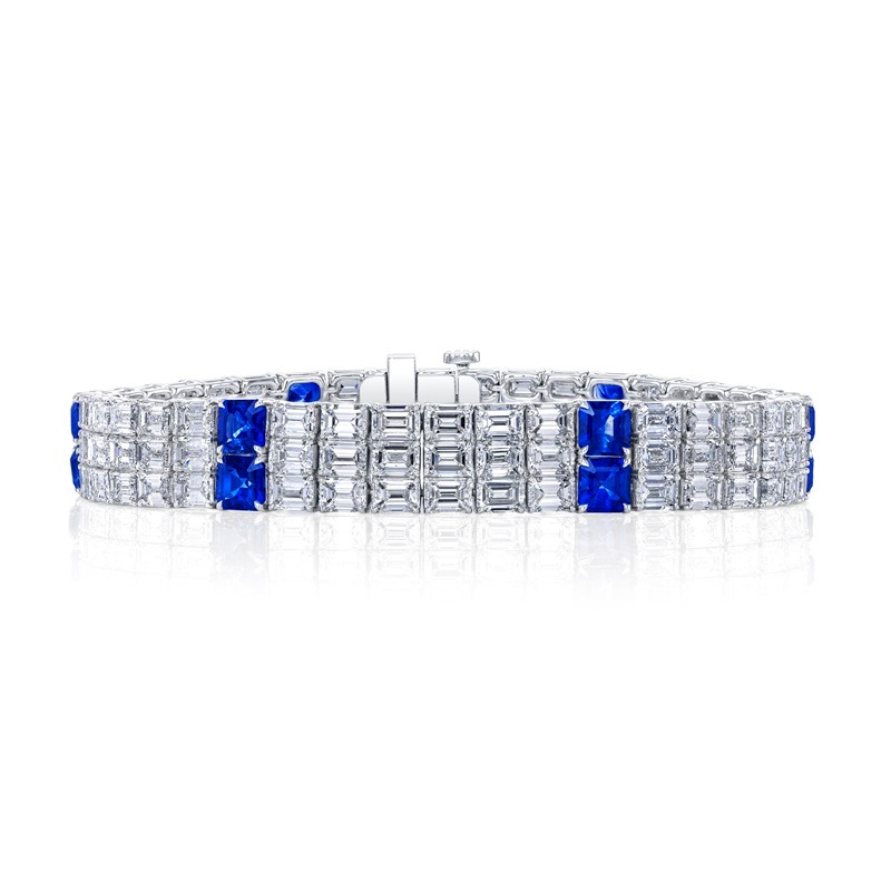 Platinum Three Row Diamond & Sapphire Bracelet